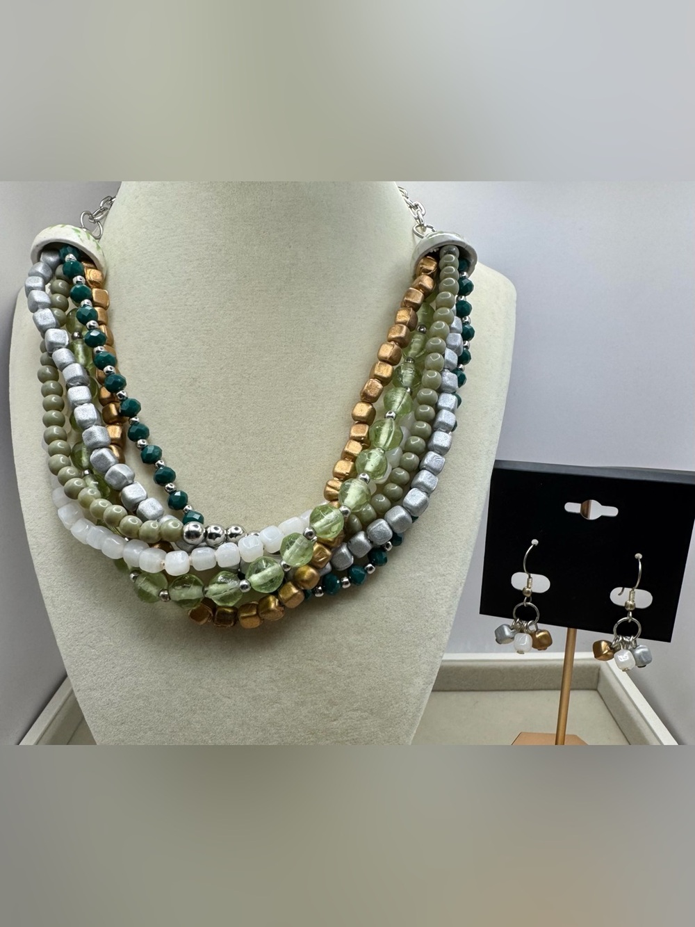Layered Multi-Strand Beaded Necklace - Green, Gold & Gray